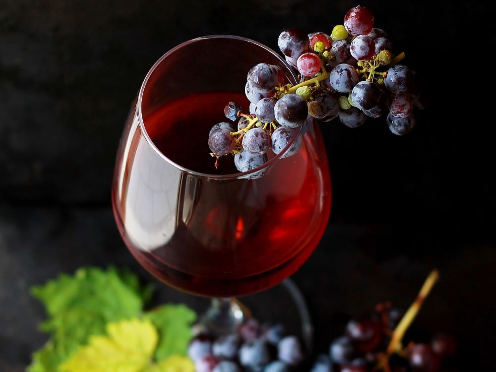 ワイングラスに注いだワインにブドウを置いた写真