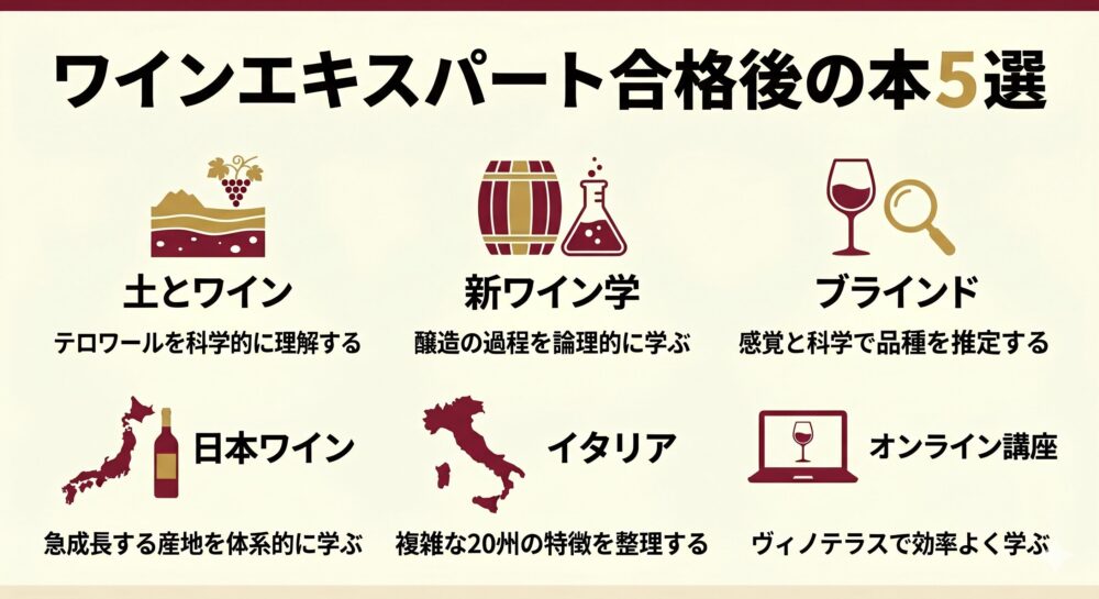 ワインエキスパート合格後に読むべき本5選のインフォグラフィック。トップにタイトル「ワインエキスパート合格後の本5選」。2行3列で計6つの学習カテゴリーをアイコンとテキストで解説。 上段：1. 土とワイン：テロワールを科学的に理解する（アイコン：土壌とブドウ）、2. 新ワイン学：醸造の過程を論理的に学ぶ（アイコン：樽とフラスコ）、3. ブラインド：感覚と科学で品種を推定する（アイコン：グラスとルーペ）。 下段：4. 日本ワイン：急成長する産地を体系的に学ぶ（アイコン：日本地図とボトル）、5. イタリア：複雑な20州の特徴を整理する（アイコン：イタリア地図）、6. オンライン講座：ヴィノテラスで効率よく学ぶ（アイコン：ノートパソコンとグラス）。 全体はワインレッド、ゴールド、クリーム色の洗練されたデザイン。ワインエキスパート取得後のスキルアップに役立つ内容。