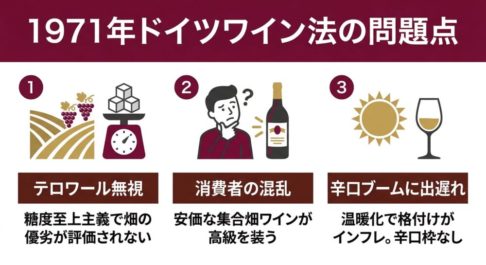 2026年のドイツ新ワイン法施行の原因となった、過去ワイン法の問題点を解説しています。