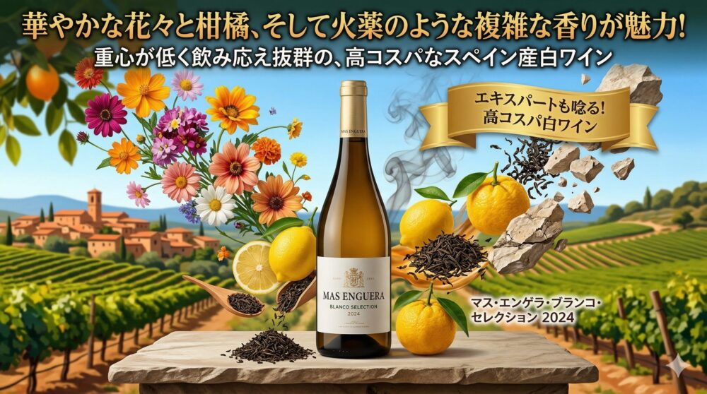 スペイン・バレンシア地方のブドウ畑と村を背景に、中央にスペイン産白ワイン「MAS ENGUERA BLANCO SELECTION 2024」のボトルが立っている。ボトルの左側からは、赤、黄、ピンク、白など様々な色の華やかな花々が溢れ出し、右側には、レモン、柚子、紅茶の葉、石灰岩の破片、そしてスモーキーなニュアンス（火薬）が配置され、記事で言及されている複雑な多層的アロマを表現している。画像上部には「華やかな花々と柑橘、そして火薬のような複雑な香りが魅力！」「重心が低く飲み応え抜群の、高コスパなスペイン産白ワイン」という日本語テキスト。ボトルの右側には「エキスパートも唸る！高コスパ白ワイン」というゴールドのリボンラベルと、「マス・エンゲラ・ブランコ・セレクション 2024」の商品名テキストがある。全体が、リッチで複雑な味わいと骨格を視覚的に伝える、ワインエキスパートも推す高コスパ白ワインのアイキャッチ。