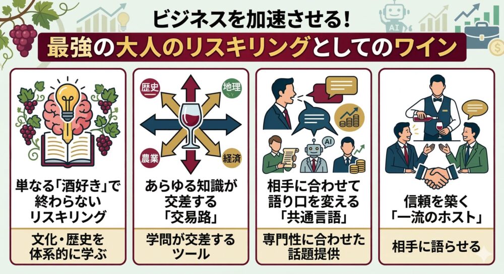 リスキリングが叫ばれている昨今、少し変わった方向性として、「ワインでリスキリング」というのも面白いアプローチです。