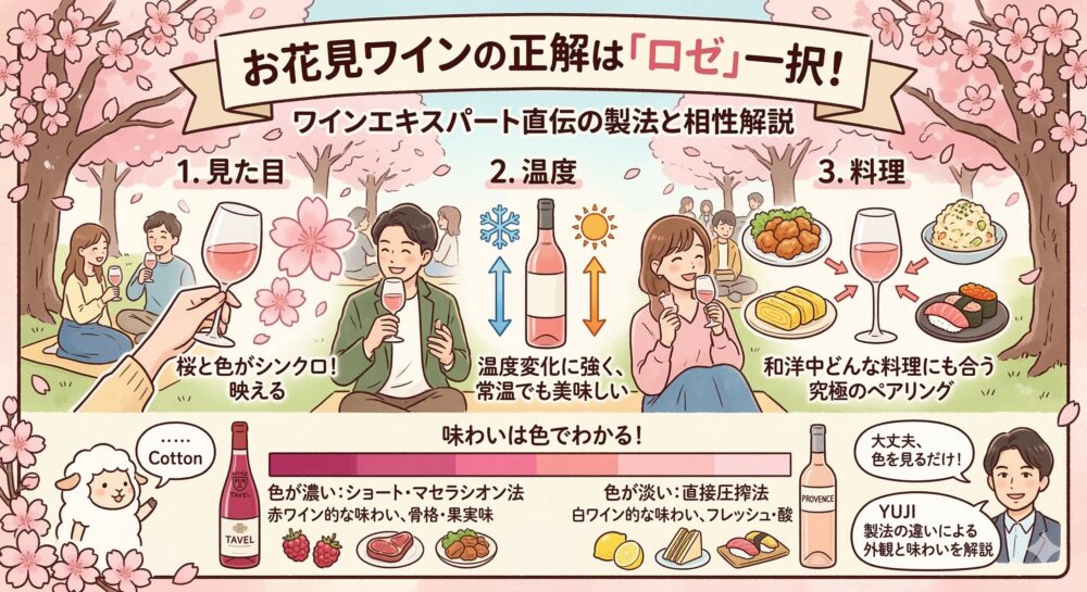 お花見にロゼワインが最適な3つの理由（桜に映える見た目、温度変化への強さ、料理との相性）と、製法（ショート・マセラシオン法と直接圧搾法）による色や味わいの違いを解説した図解イラスト
