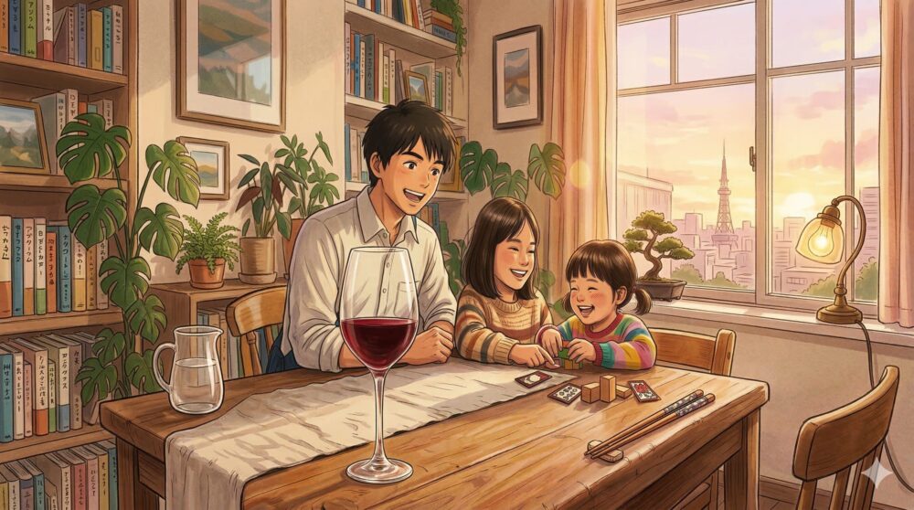 ワイングラスを手に、二人の娘と温かい日差しの中で笑顔で過ごす30代のワインエキスパート。がんリスク検査「マイシグナル」を受け、将来も家族とワインを楽しむ健康な未来をイメージしたアイキャッチ画像。