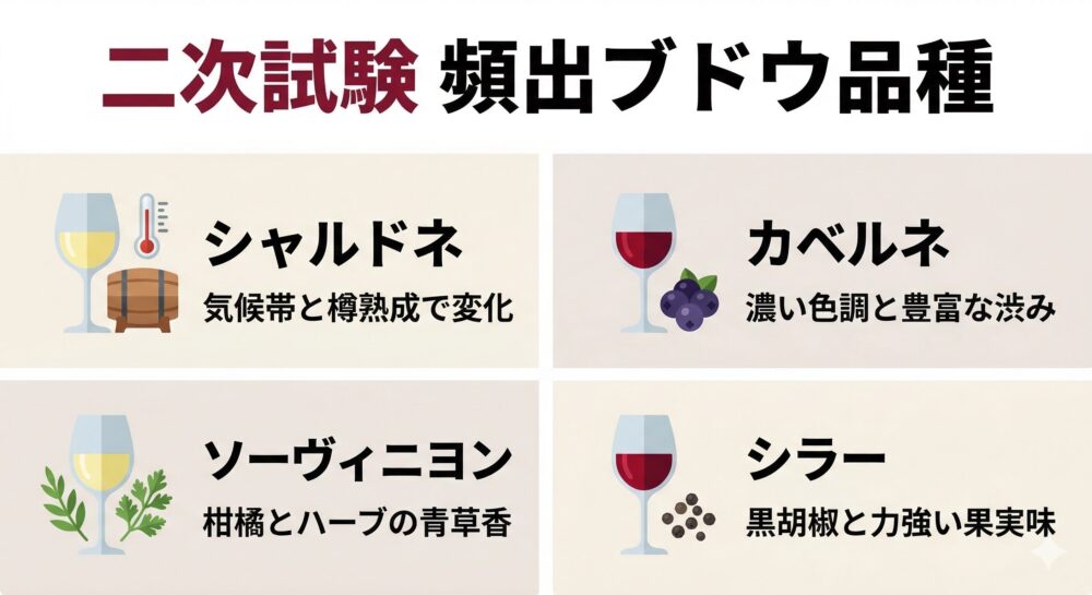 ソムリエ・ワインエキスパート二次試験によく出る品種です。特に、シャルドネ、ソーヴィニヨンブラン、カベルネソーヴィニヨン、シラーはよく出ます。