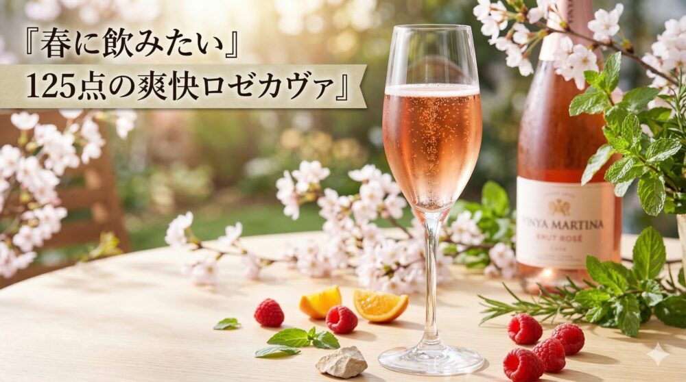 桜が咲く春の庭で、グラスに注がれたヴィーニャ・マルティナ・カヴァ・ブリュット・ロゼとラズベリーや柑橘の果実。J.S.A.ワインエキスパートYUJIによる125点の高評価レビュー記事アイキャッチ。