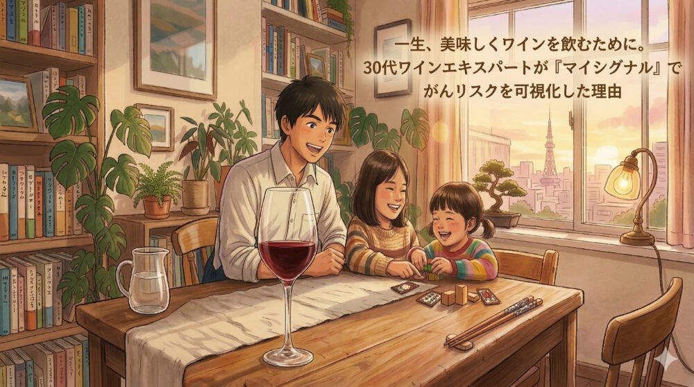 ワイングラスを手に、二人の娘と温かい日差しの中で笑顔で過ごす30代のワインエキスパート。がんリスク検査「マイシグナル」を受け、将来も家族とワインを楽しむ健康な未来をイメージしたアイキャッチ画像。
