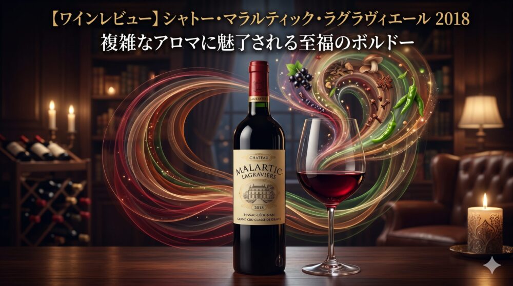 シャトー・マラルティック・ラグラヴィエール 2018のワインボトルと、グラスからカシス、キノコ、スパイスなどの多層的なアロマがカラフルな光の渦として立ち上る様子。落ち着いた雰囲気の部屋で、至福のボルドーワイン体験を表現したアイキャッチ画像。画像上部に日本語の記事タイトルテキスト。