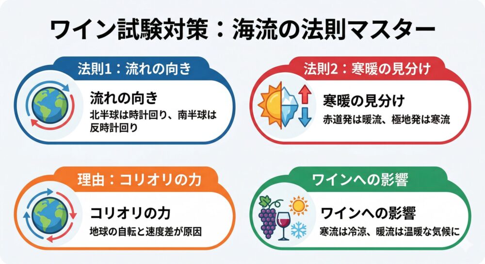 ワイン試験対策（ソムリエ・ワインエキスパート試験向け）の「海流の法則マスター」インフォグラフィック。4つの主要な海流の法則とワインへの影響を解説。 法則1：流れの向き（北半球は時計回り、南半球は反時計回り）。 法則2：寒暖の見分け（赤道発は暖流、極地発は寒流）。 理由：コリオリの力（地球の自転と速度差が原因）。 ワインへの影響（寒流は冷涼、暖流は温暖な気候に）