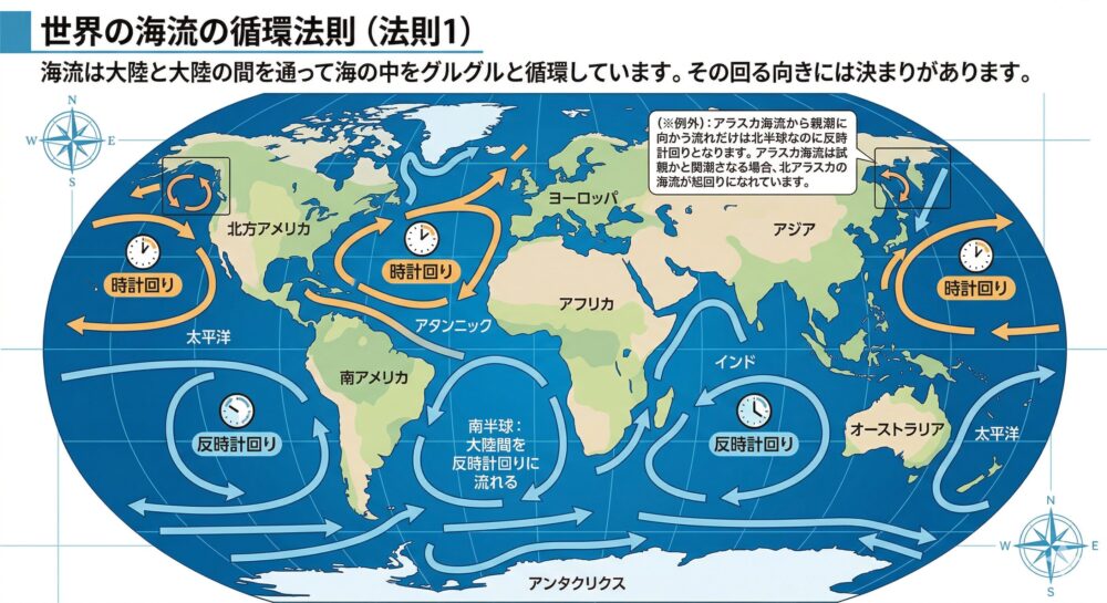 世界の海流の循環法則（法則1）を説明する世界地図。北半球では中緯度を中心に海流が時計回りに循環し、南半球では反時計回りに循環していることを矢印と時計のアイコンで図解。例外として、北半球ながら反時計回りとなるアラスカ海流付近の動きについても注釈で触れている。