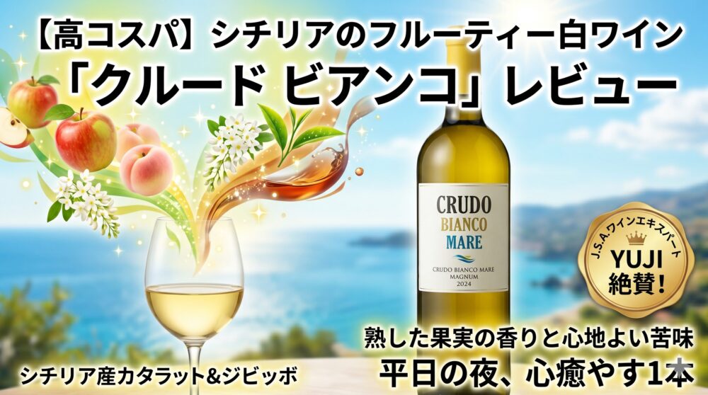 クルード・ビアンコ 2024のレビュー。シチリア産白ワインのボトルとグラス、背景に地中海の風景、熟したリンゴや白桃、紅茶の香りをイメージしたイラスト。ワインエキスパートYUJI絶賛のバッジ付き。