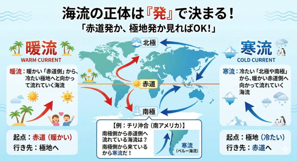 海流の正体を見分ける方法を説明したインフォグラフィック。暖流は赤道側から極地へ向かう「暖かい海流」、寒流は北極や南極から赤道側へ向かう「冷たい海流」であることを世界地図と矢印で図解。具体例として南アメリカ・チリ沖を流れる寒流（ペルー海流）が紹介されている。