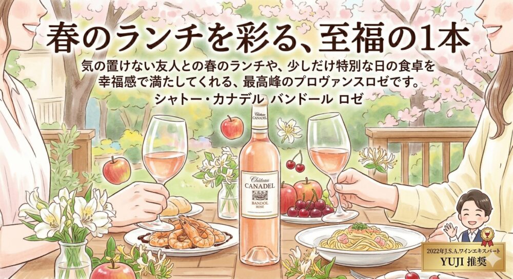 シャトー・カナデル バンドール ロゼ 2022のボトルと、ペアリング例としてエビと明太子クリームパスタが並ぶ春の食卓。