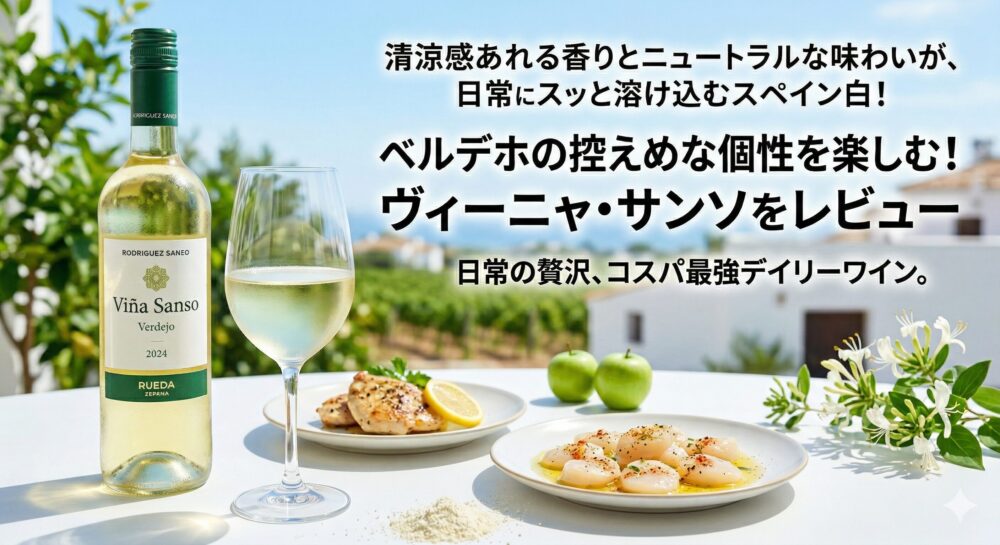 スペイン産の白ワイン、ヴィーニャ・サンソ・ベルデホのボトルとグラス、鶏むね肉のソテーやホタテのカルパッチョとのペアリングイメージ。
