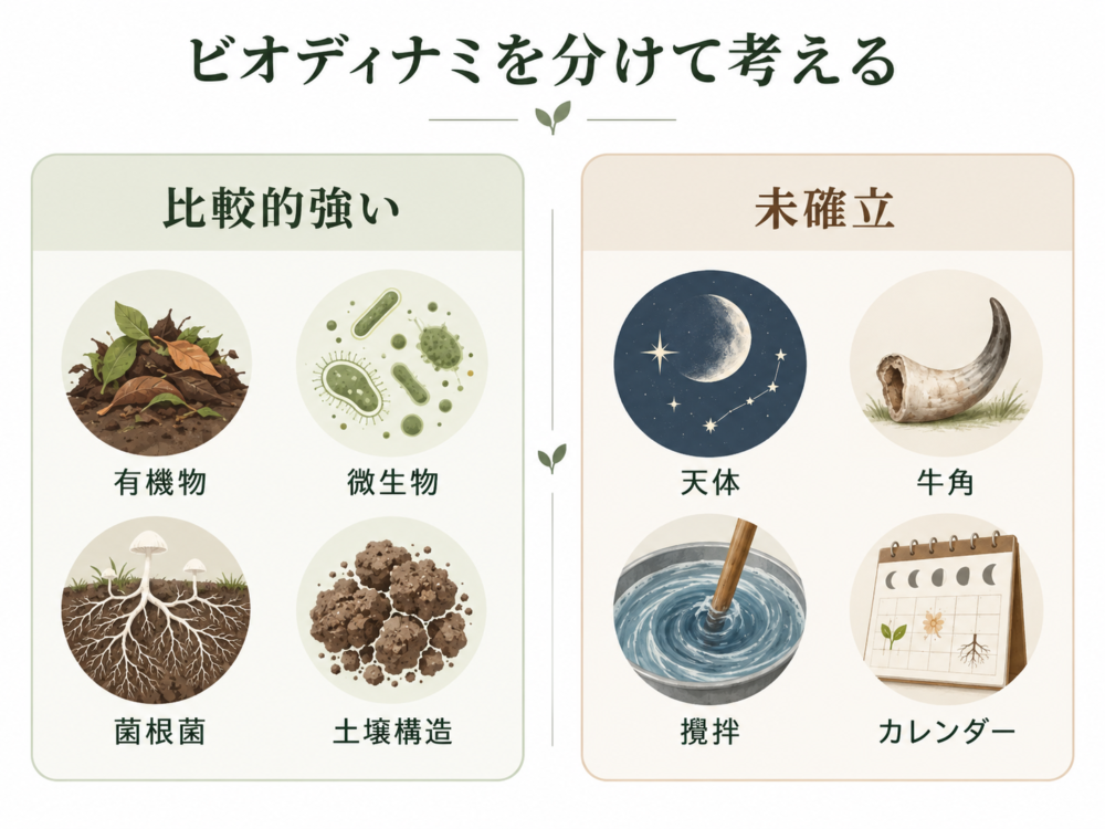 ビオディナミ農法の有機物管理・菌根菌・土壌構造と、牛角・天体・攪拌・カレンダーの科学的根拠を分けた図