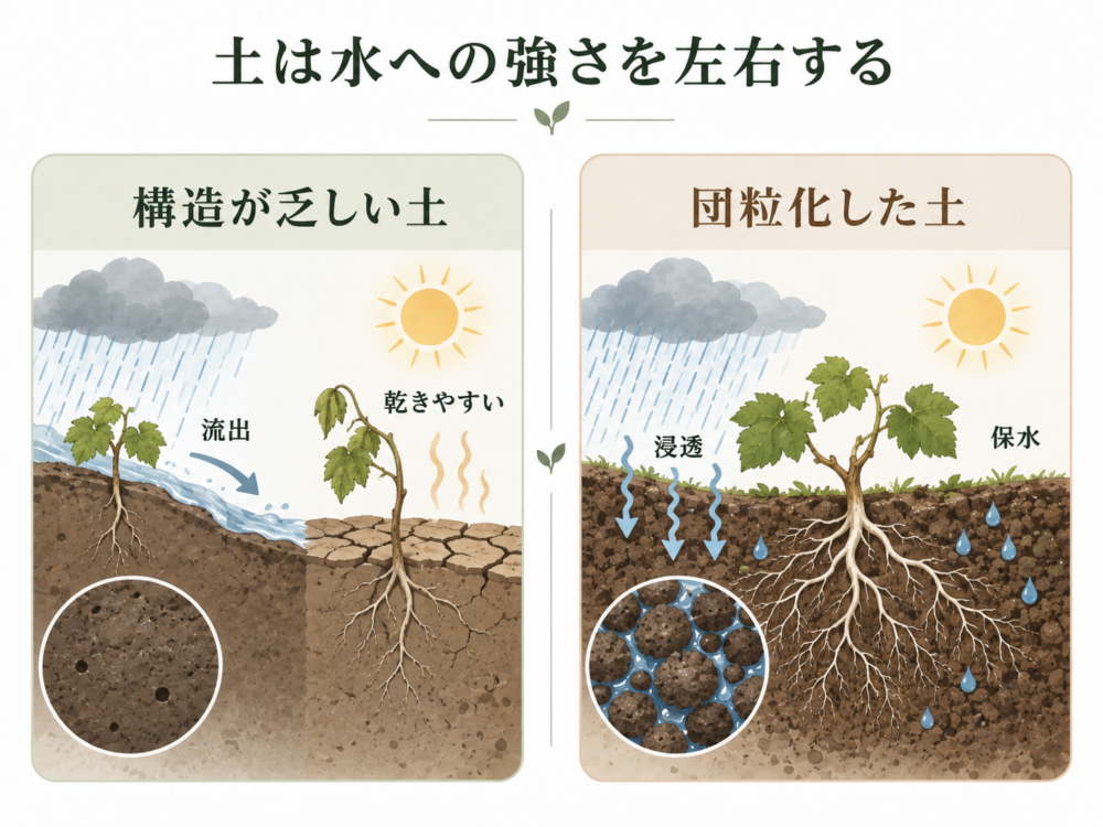 ブドウ畑の土壌構造と水の関係を、表面流出・浸透・保水の違いで示した団粒構造の模式図