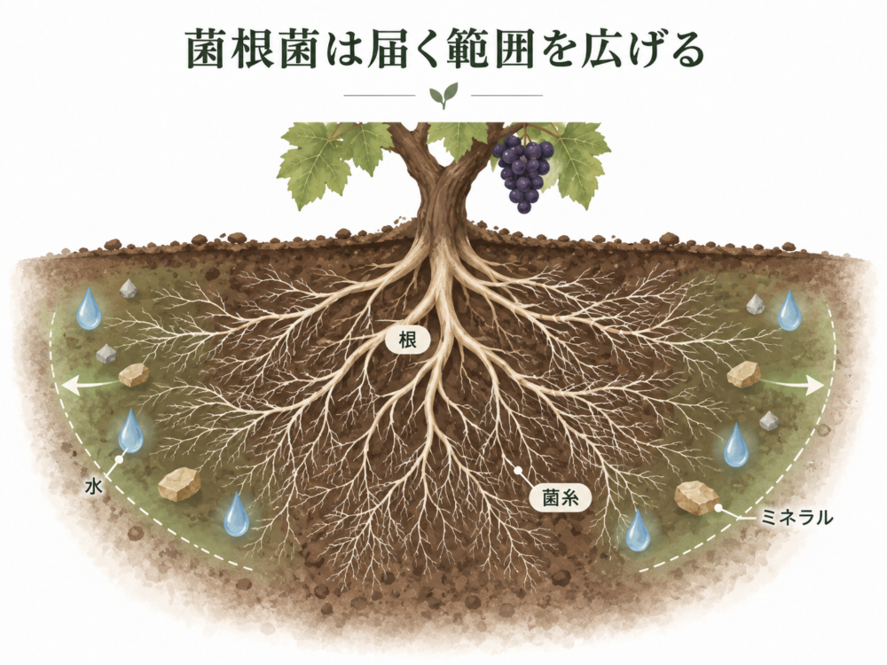 ブドウの根に共生する菌根菌の菌糸が土壌へ広がり、水やリンなどの養分の獲得を助ける模式図