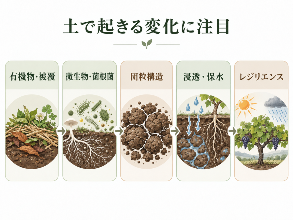 有機物や被覆植物の管理から土壌微生物・団粒構造・浸透と保水を経て、ブドウ畑のレジリエンスへつながる可能性を示した図