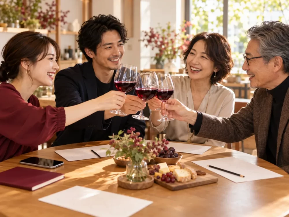 グラスを手に笑顔で乾杯する学習仲間