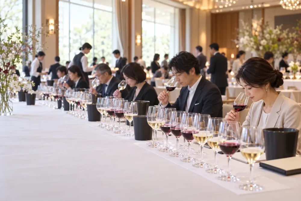 ワインの大会会場に並ぶテイスティング用グラス